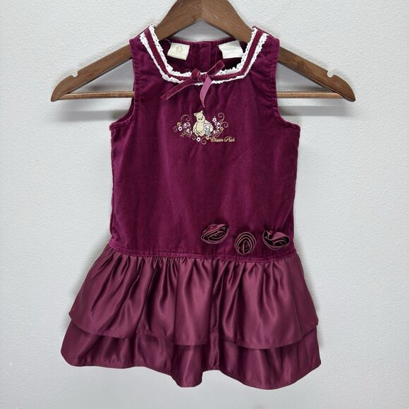Vintage Pooh Velvet Dress Girls 24M Burgundy Ribbon Embroidery MVMCP Holiday 90s - Picture 3 of 11